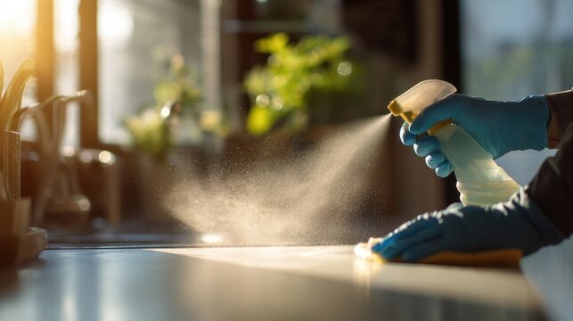Home disinfection spray cleaning surfaces on kitchen counter