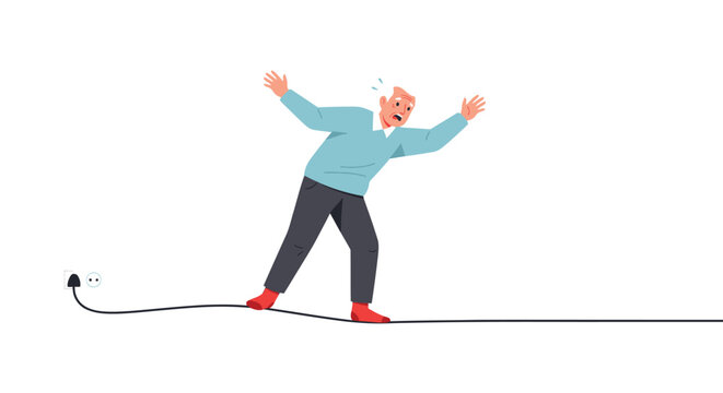 Elderly man tripping over an electrical cord, losing balance in a common household accident safety vector illustration.