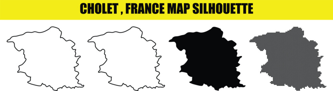 Cholet France city map silhouette outline black and white contour stroke dotted shape isolated on transparent background.