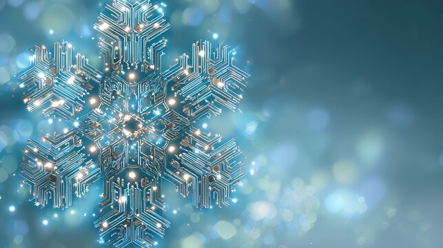Abstract microchip snowflake illustration with neon glow on a winter blue backdrop