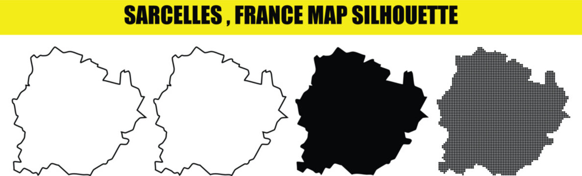 Sarcelles France city map silhouette outline black and white contour stroke dotted shape isolated on transparent background.