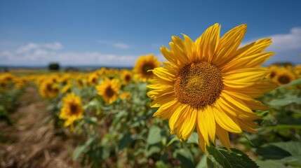 Obraz premium Blue-sky sunflower field in a nostalgic countryside mood