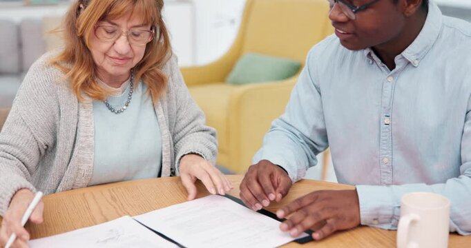 Documents, writing and businessman with senior woman in home for retirement contract with finance deal. Application form, discussion and financial advisor with elderly client for investment paperwork