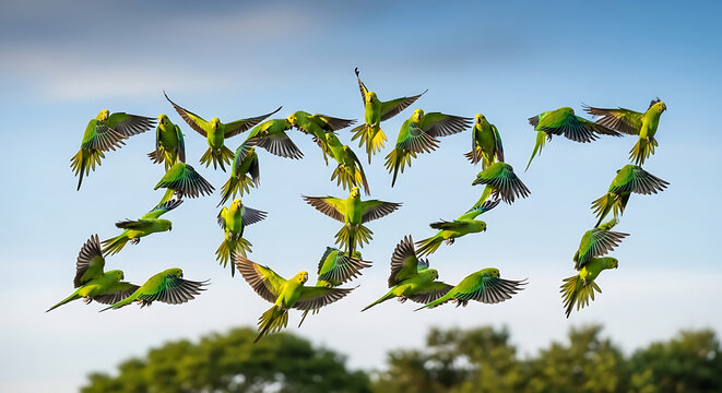 Flock of green parakeets flying in formation of 2027 birds flight