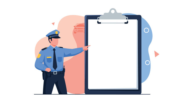 Policeman in a blue uniform pointing to a large blank clipboard for reports or rules on a colorful background.