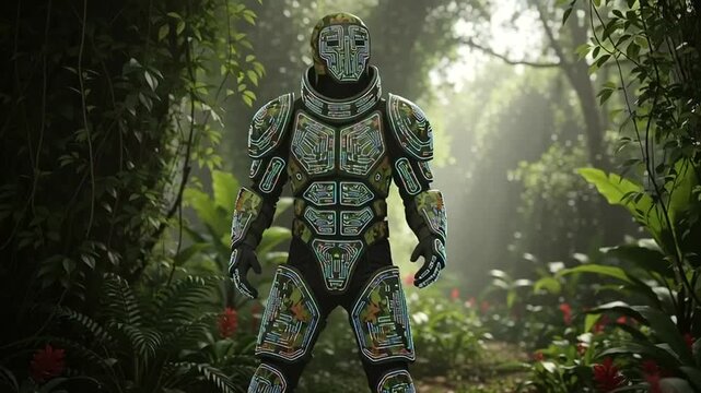 Futuristic Robot Walking Through Dense Jungle.