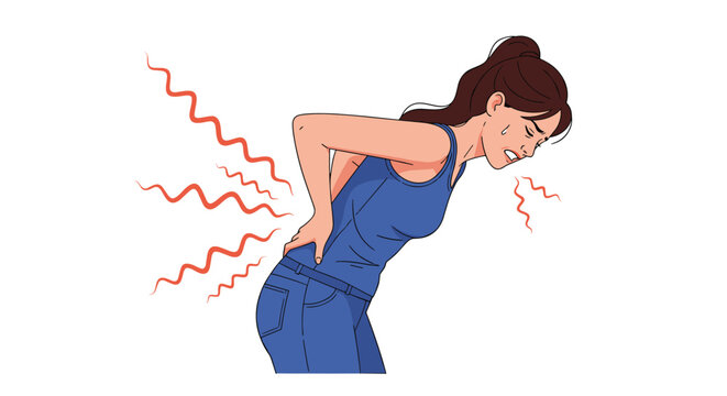 Young woman in athletic clothing experiences sharp lower back pain while bending over against a white background during exercise.