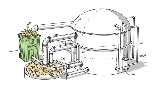 Biogas plant illustration with food waste and pipeline system