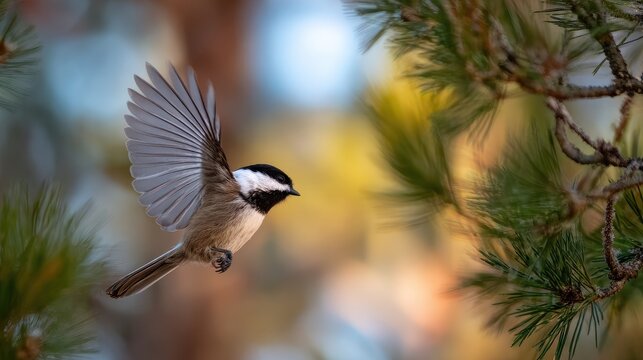 Bird in flight: chickadee gliding past dappled woodland