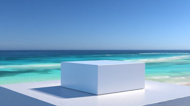 Minimalist white pedestal display box on sunny beach with blue ocean backdrop