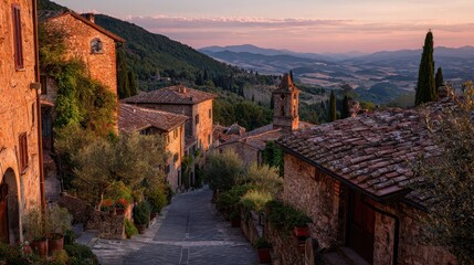 Obraz premium Evening light above a medieval village in Umbria, Italy at sunset