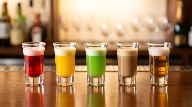 Row of five colorful alcoholic cocktail shots with foam on a wooden bar counter in a dimly lit pub or nightclub setting.