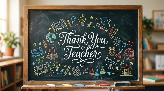 Chalkboard with "Thank You Teacher" and school doodles, isolated on transparent background.