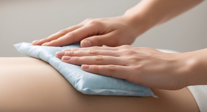 A close-up view of a person's hands gently applying a soothing cold pack to a lower back, providing relief from pain or injury.