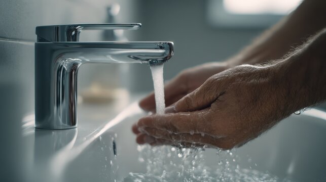 Close-up of a hand under a sensor-activated faucet in a modern bathroom