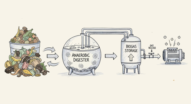Biogas production process illustration with anaerobic digester and storage tank
