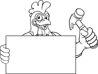 A chicken or rooster handyman or carpenter cartoon construction man mascot character holding a hammer tool © Christos Georghiou