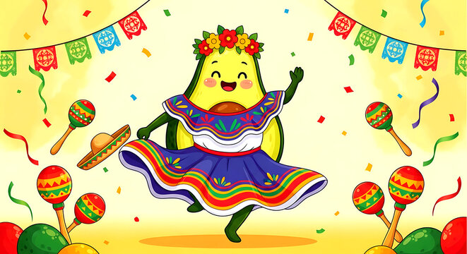 Cheerful avocado character dancing in traditional Mexican dress illustration for fiesta celebration
