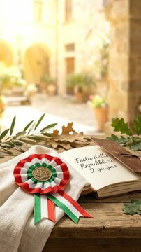 Italian tricolor cockade, a commemorative flag symbol of national celebration honoring Republic Day in Italy on June second, presented with an open ledger.
