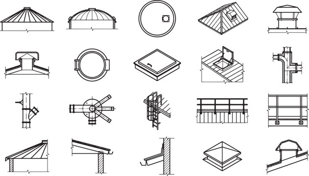 A detailed architectural line art displays a variety of skylights, showcasing their design.