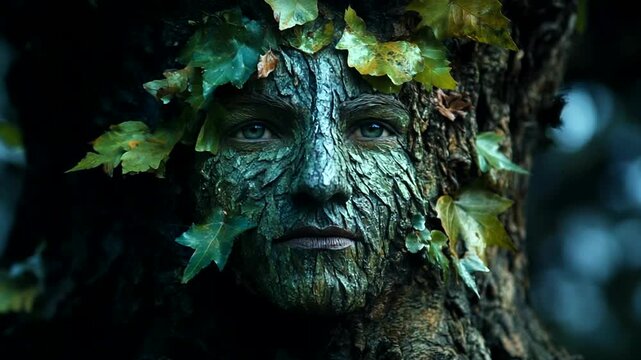 Mysterious Forest Spirit Face Covered in Bark and Leaves.