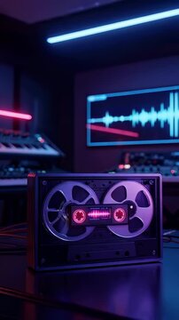 Captivating Close-up of a Vintage Audio Cassette in a Modern Studio Setting, Highlighting Retro Technology with Colorful Neon Lighting and Sound Waves in Background