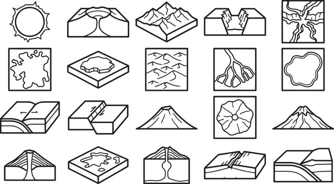 A comprehensive collection of diverse geological landform icons, presented in a crisp, clear, and informative illustration. Each icon meticulously outlines various natural terrains.