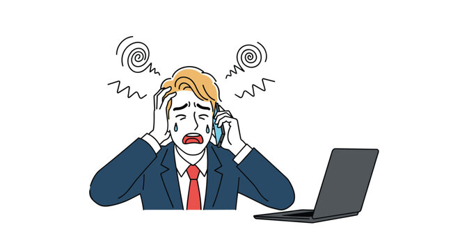 Crying businessman talking on his smartphone while sitting at a laptop computer with stress symbols and tears on his face.