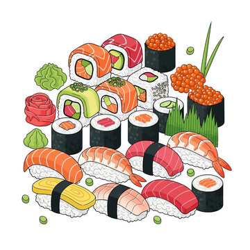 Japanese sushi set with nigiri maki and uramaki illustration