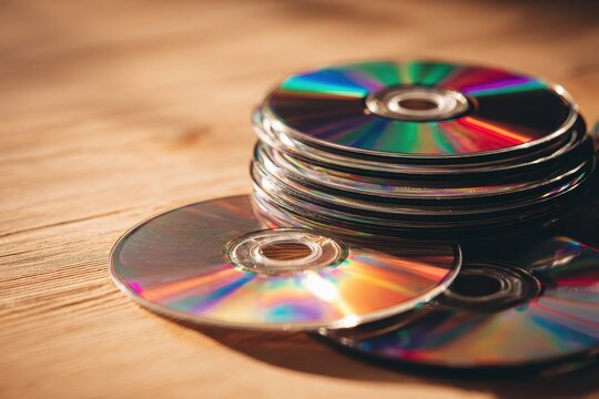 Close-up photograph of a stack and fanned-out compact discs on a wooden desk