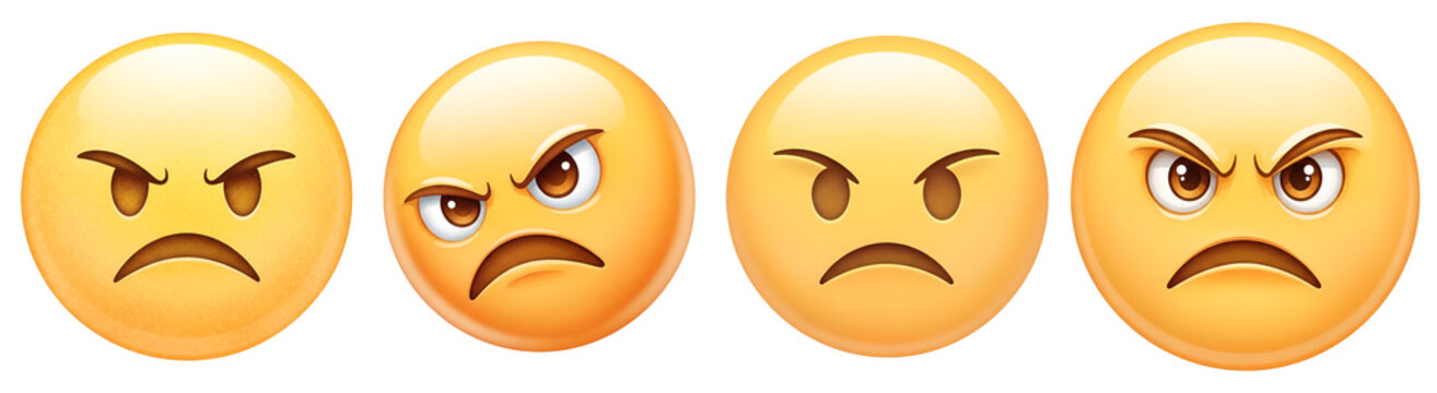 Four angry emojis with different expressions on transparent background