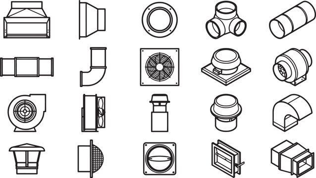 A comprehensive diagram showcases an assortment of air duct components, illustrating the vital infrastructure for ventilation and airflow in a clean, crisp, and technical style.