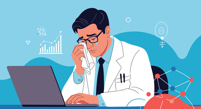 Sad doctor crying at his laptop computer with scientific molecular structures and growth charts in the blue background.