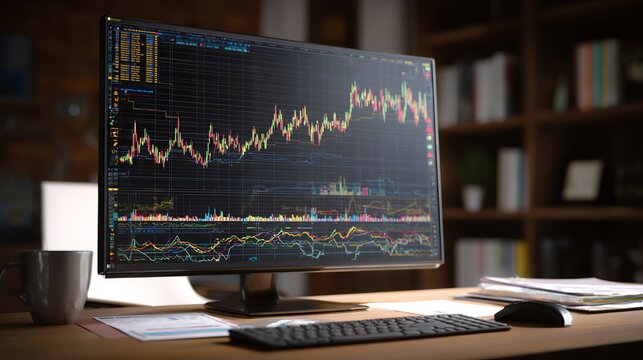 Financial trading analysis scene with desktop computer showing candlestick charts and technical indicators on modern office desk