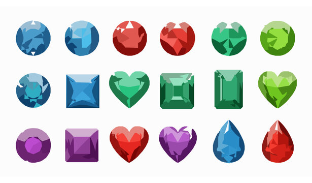 Colorful gemstone and diamond vector set with faceted shapes in round oval heart and square cuts for luxury jewelry design elements