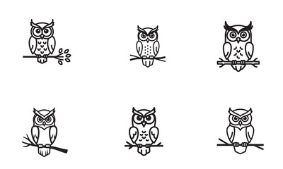 Fototapeta premium Collection of six stylized owl icons perched on branches, black and white vector.