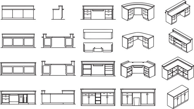 Architectural models of various desks and reception counters. The collection of design variations features a range of shapes, sizes, and styles, all depicted with precise line work. 