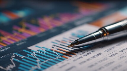 Obraz premium Forex trading planning desk with printed currency exchange charts, financial reports and pen pointing at analysis graph, close up finance photography