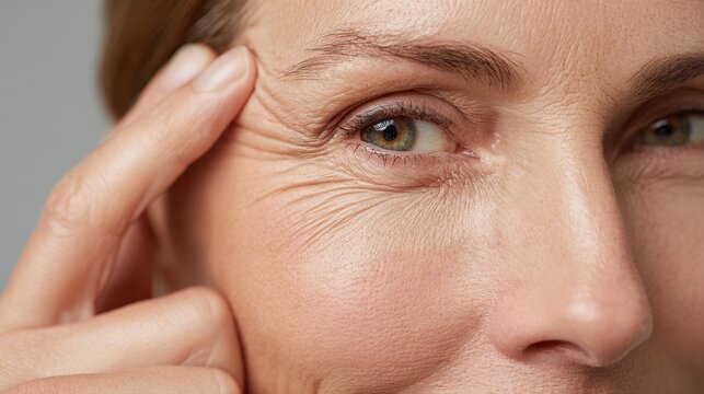 Close-up portrait of a light-skinned middle-aged woman pointing to wrinkles on the upper eyelid