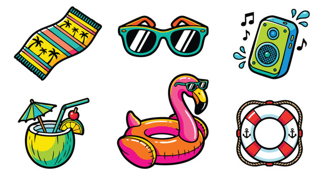 Colorful summer icons set with sunglasses, float, and cocktail