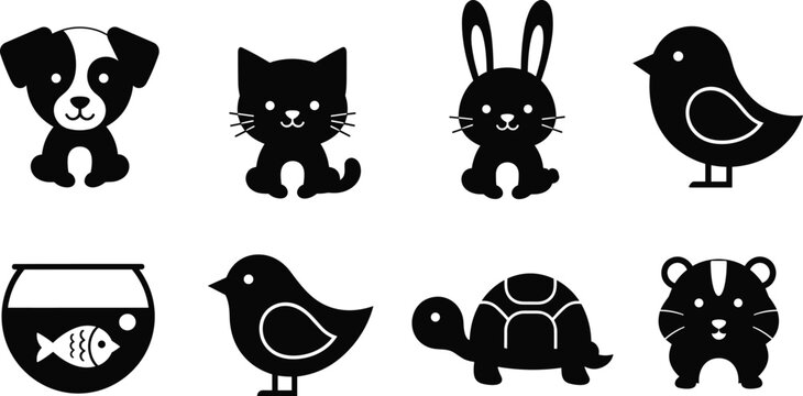 Cute animal silhouette icons set, dog cat rabbit bird turtle hamster fish bowl, cartoon pets vector, black isolated illustration design