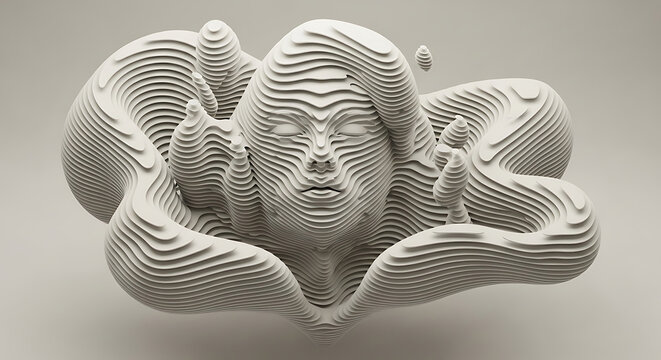 Abstract 3D render of a layered face sculpture emerging from fluid shapes.