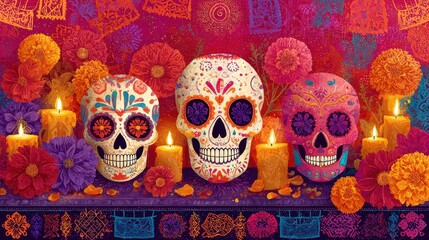 Obraz premium Colorful sugar skull design with ornate patterns and bright marigold petals for a Dia de los Muertos scene