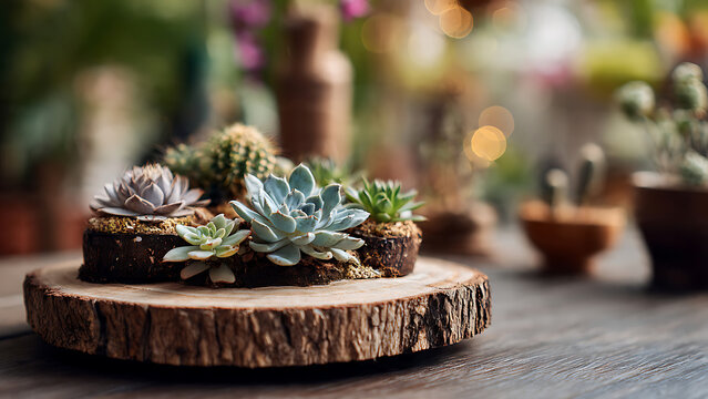 A beautiful arrangement of various succulent plants and cacti displayed on a rustic wooden slice.