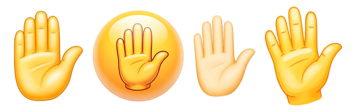Four yellow hands with palms facing forward on transparent background