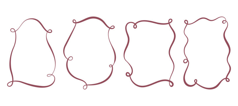 Hand drawn vintage ribbon frame. Cute outline border for wedding Valentine and Christmas doodle decor. Pink vector whimsical rectangles for invitation design and menu. Romantic collection