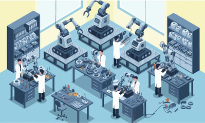 Fototapeta premium Scientists and robotic arms collaborate in a modern laboratory setting.