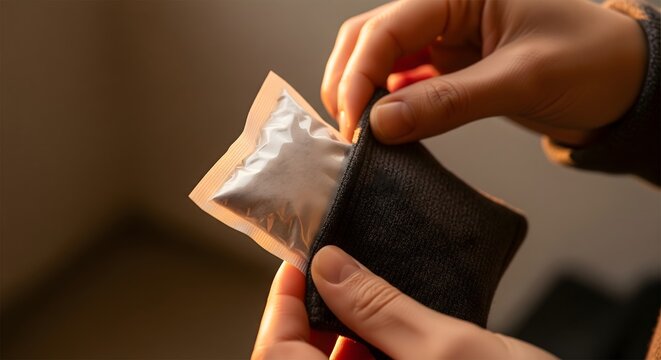 A person's hands carefully opening a small, silver-foil packet, possibly containing a sachet of coffee, tea, or a similar single-serving product, against a warm, blurred background.