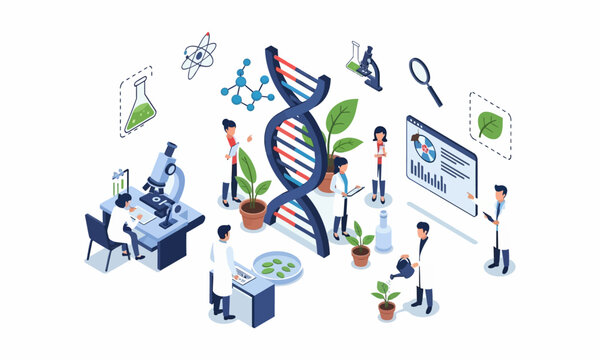 Scientists researching DNA and genetic engineering in a laboratory setting.