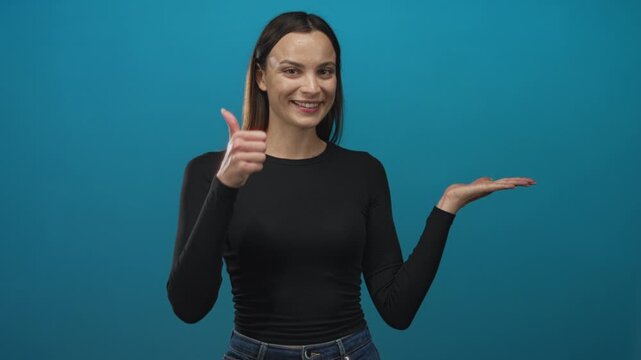 Young woman presenting with outstretched right hand and palm up in a teal studio, wearing a black long sleeve top and jeans; friendly offer.
